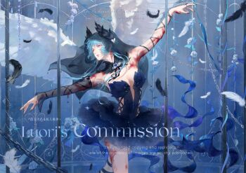 1girl absurdres angel_wings arm_ribbon armpits ballerina black_dress black_nails black_ribbon blood blood_on_arm blood_on_neck blue_hair breasts cage chain chinese_commentary commentary_request commission cowboy_shot cross-laced_clothes dancing dress english_text falling_feathers feathered_wings feathers hair_ornament hamel_(path_to_nowhere) head_wings highres large_breasts leg_ribbon lipstick long_hair luori_dianxin makeup nail_polish outstretched_arms parted_lips path_to_nowhere plunging_neckline purple_eyes purple_lips ribbon solo spread_arms strapless strapless_dress watermark white_wings wing_hair_ornament wings