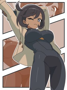 1girl arms_up black_bodysuit black_gloves black_hair blue_eyes bodysuit bodysuit_under_clothes breasts brown_jacket closed_mouth commentary dark-skinned_female dark_skin emma_(pokemon) english_commentary gloves highres jacket kanbei_(pixiv11037490) large_breasts latex latex_bodysuit long_sleeves looking_at_viewer mega_stone multicolored_gloves nintendo one_eye_closed open_clothes open_jacket pokemon pokemon_legends:_z-a purple_eyes short_hair stretching two-tone_gloves zoom_layer