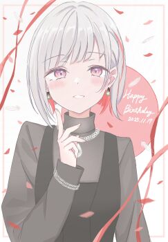 1girl black_shirt black_vest chain chain_necklace colored_inner_hair commentary_request confetti cursive dated grey_hair grin happy_birthday highres iroha_(nami3) jewelry link!_like!_love_live! looking_at_viewer love_live! multicolored_hair necklace pink_eyes red_background red_hair red_ribbon ribbon shirt smile solo turtleneck turtleneck_shirt upper_body vest virtual_youtuber yugiri_tsuzuri yugiri_tsuzuri_(post-graduation)