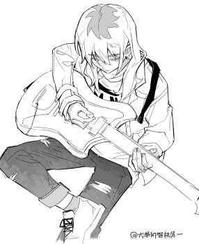 1girl absurdres commentary electric_guitar girls_band_cry greyscale guitar guitar_strap hashtag-only_commentary highres instrument kawaragi_momoka long_hair monochrome mtdykxkxzzy multicolored_hair music pants playing_guitar playing_instrument roots_(hair) simple_background sitting solo white_background