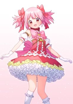 1girl absurdres blush bow dress feet_out_of_frame gloves hair_bow happy highres kaname_madoka katsuonoeboebo looking_at_viewer mahou_shoujo_madoka_magica mahou_shoujo_madoka_magica:_walpurgis_no_kaiten open_mouth pink_dress pink_eyes pink_hair short_hair simple_background sleeveless smile socks solo standing twintails white_gloves white_socks