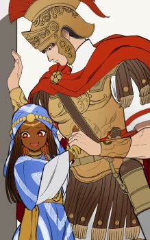 1boy 1girl absurdres black_hair blue_veil brown_hair cape commentary dark-skinned_female dark_skin english_commentary eternalgrayores galea_helmet gilgamesh_(kyou) grabbing_another's_hand hand_size_difference height_difference helmet hetero highres jewelry kyou_(iuciferic) leo_(kyou) long_hair looking_to_the_side muscle_cuirass muscular muscular_male original red_eyes roman_empire veil