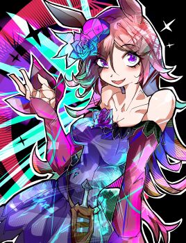 1girl abstract_background absurdres animal_ears bare_shoulders blue_flower blue_hat blue_rose blush brown_hair collarbone colorful_background covered_navel dagger dress eyes_visible_through_hair fang fascinator flipped_hair flower hair_over_one_eye hand_up hat hat_flower highres horse_ears horse_girl horse_tail knife long_hair long_sleeves looking_at_viewer off-shoulder_dress off_shoulder open_mouth outline purple_eyes purple_sleeves rice_shower_(rosy_dreams)_(umamusume) rice_shower_(umamusume) rose sheath sheathed skin_fang smile solo tail tilted_headwear torada_tetora umamusume upper_body weapon white_outline