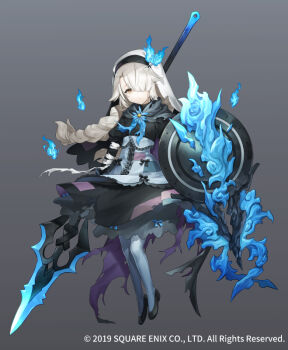 1girl braid dress fire full_body gradient_background grimms_notes hair_over_one_eye official_art patchwork_clothes polearm ribbon sacanahen shield shoes socks solo spear weapon white_hair