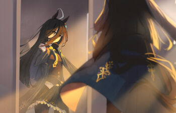 1girl absurdres ahoge animal_ears black_coat black_gloves black_hair black_pantyhose black_skirt coat collared_shirt dev_grater ear_tag earrings gloves hair_between_eyes hashtag-only_commentary highres horse_ears horse_girl horse_tail jewelry long_bangs long_hair long_hair_between_eyes long_sleeves manhattan_cafe_(creeping_black)_(umamusume) manhattan_cafe_(umamusume) mirror multicolored_hair necktie pantyhose reflection shirt single_earring skirt tail umamusume very_long_hair white_hair yellow_eyes yellow_necktie