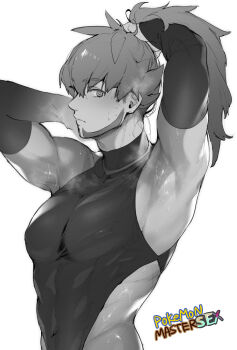 1boy arm_up armpits beard clothing_cutout commentary_request compression_shirt elbow_gloves facial_hair gloves highres hip_bones leon_(pokemon) leon_(sygna_suit)_(pokemon) long_hair looking_to_the_side male_focus nintendo oekakixx pokemon pokemon_masters_ex ponytail side_cutout sideways_glance simple_background sleeveless solo sweat sweatdrop tying_hair white_background