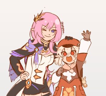 2girls ;) beret black_shorts black_shrug blonde_hair blue_eyes breasts brown_gloves cleavage commentary corset dress elf elysia_(honkai_impact) elysia_(miss_pink_elf)_(honkai_impact) english_commentary genshin_impact gloves hand_on_another's_headwear hat highres honkai_(series) honkai_impact_3rd klee_(genshin_impact) large_breasts long_hair looking_at_viewer lynlynexx mihoyo multiple_girls one_eye_closed pointy_ears red_dress red_eyes short_hair short_shinai shorts shrug_(clothing) simple_background smile twitter_username very_long_hair white_background white_corset