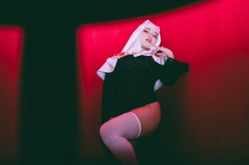 1girl 5y_mmo absurdres black_dress buddhist_nun cosplay cosplay_photo curvy dress fate/extra fate/extra_ccc fate/grand_order fate_(series) gold_necklace highres jewelry mature_female necklace photo_(medium) sessyoin_kiara solo thighhighs white_coif white_thighhighs