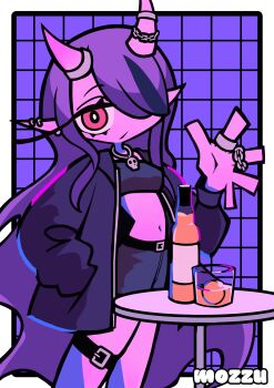 Rule 34 | 1girl, absurdres, black hair, black jacket, black shorts, black tube top, bottle, captain hannah, cup, drinking glass, ear piercing, hair over one eye, highres, horn ornament, horn ring, horns, indie virtual youtuber, jacket, jewelry, long hair, looking at viewer, mozzu123, multicolored hair, necklace, oni, piercing, pointy ears, purple background, purple hair, red eyes, ring, shorts, skull necklace, strapless, streaked hair, table, thigh strap, tube top, virtual youtuber