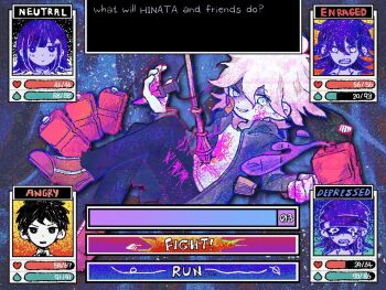 Rule 34 | 2girls, 3boys, angry, artist request, blood, bloody knife, crossover, danganronpa (series), danganronpa 2: goodbye despair, dialogue box, energy bar, english text, fighting, gasoline, health bar, hinata hajime, knife, knife in hand, komaeda nagito, multiple boys, multiple girls, nanami chiaki, omori, owari akane, parody, pink blood, polearm, soda kazuichi, spear, stab, style parody, weapon