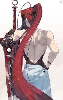 1girl absurdres alternate_hairstyle asymmetrical_gloves back back_muscles backless_dress backless_outfit bare_back bare_shoulders black_gloves blue_hair commentary dress elbow_gloves elizabeth_rose_bloodflame elizabeth_rose_bloodflame_(1st_costume) english_commentary facing_away from_behind gloves hand_on_own_hip high_ponytail highres holding holding_sword holding_weapon hololive hololive_english lats long_hair median_furrow multicolored_hair muscular muscular_female ninochuu planted planted_sword planted_weapon ponytail red_hair scar simple_background solo streaked_hair sword thorn_(elizabeth_rose_bloodflame) trapezius uneven_gloves very_long_hair virtual_youtuber weapon white_dress