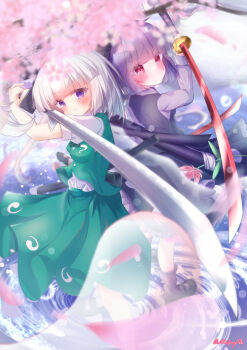 Rule 34 | 2girls, adako yunagi, alternate color, alternate hair color, black hairband, black shoes, black skirt, black vest, blush, breasts, cherry blossoms, closed mouth, commentary request, dual persona, dual wielding, falling petals, flower, frilled skirt, frills, green skirt, green vest, grey hair, hairband, highres, hitodama, hitodama print, holding, holding sword, holding weapon, katana, konpaku youmu, konpaku youmu (ghost), konpaku youmu (mysterious sword master), long sleeves, looking at viewer, mary janes, medium breasts, medium hair, multiple girls, petals, pink flower, pink petals, print skirt, print vest, puffy short sleeves, puffy sleeves, purple eyes, purple hair, purple shirt, red eyes, sheath, shirt, shoes, short sleeves, skirt, skirt set, smile, socks, sword, touhou, touhou lostword, twitter username, unsheathed, vest, weapon, white shirt, youmu day