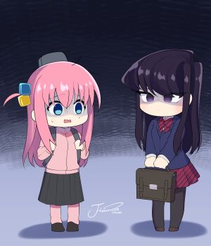 2girls absurdres black_hair blue_eyes bocchi_the_rock! commentary cube_hair_ornament full_body gotoh_hitori hair_ornament highres itan_private_high_school_uniform j_humbo jacket komi-san_wa_komyushou_desu komi_shouko long_hair long_sleeves multiple_girls one_side_up pantyhose pink_hair pink_jacket pink_track_suit school_uniform shaded_face track_jacket track_suit trait_connection wavy_mouth