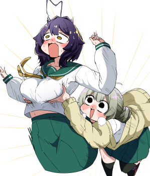 2girls absurdres ahoge araga_kiwi black_thighhighs blush breasts caseee999 collar commentary crazy_eyes flustered grabbing_another's_breast green_collar green_hair green_skirt groping hair_bun highres hiiragi_utena jacket large_breasts mahou_shoujo_ni_akogarete multiple_girls navel neckerchief open_mouth purple_hair school_uniform serafuku shirt skirt surprised sweat thighhighs very_low_bun white_serafuku white_shirt yellow_eyes yellow_neckerchief yuri