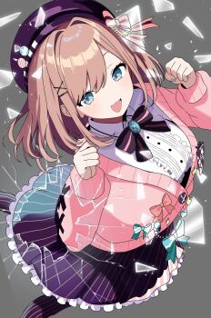 1girl beret black_hat black_pantyhose black_skirt blue_nails brown_hair cardigan center_frills commentary_request fang frills green_eyes hair_ornament hat highres looking_at_viewer nail_polish nijisanji pantyhose pink_cardigan shirt skin_fang skirt smile solo suzuhara_lulu suzuhara_lulu_(1st_costume) takasugi_3 virtual_youtuber white_shirt x_hair_ornament