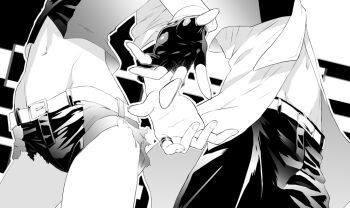 1boy 1girl belt black_gloves fingerless_gloves gloves greyscale groin hip_bones jewelry kagamine_len kagamine_len_(blue_moon) kagamine_rin kagamine_rin_(black_star) long_sleeves mamama_(3xma) midriff monochrome navel out_of_frame outstretched_hand pants plectrum project_diva_(series) project_diva_extend ring shorts torn_clothes vocaloid