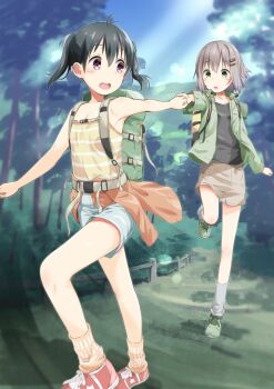 2girls backpack bag black_hair black_shirt blue_shorts clothes_around_waist commentary_request green_eyes green_footwear green_jacket grey_hair grey_skirt hair_ornament hairpin holding_hands jacket kokekokko_coma kuraue_hinata multiple_girls open_mouth path red_eyes red_footwear road shirt shirt_around_waist shorts singlet skirt socks tree twintails yama_no_susume yukimura_aoi