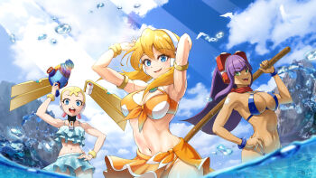 3girls absurdres alia_(mega_man) android armpits arms_behind_head arms_up bikini bikini_skirt blonde_hair blue_eyes blue_sky bracelet breasts cleavage cloud cloudy_sky commentary_request commission dark-skinned_female dark_skin dasoin day green_eyes hand_on_own_hip highleg highleg_bikini highres holding jewelry korean_commentary layer_(mega_man) looking_at_viewer medium_breasts mega_man_(series) mega_man_x_(series) mega_man_x_dive multiple_girls navel open_mouth outdoors pallette_(mega_man) partially_submerged polka_dot polka_dot_bikini purple_eyes simple_background sky smile stomach swimsuit sword teeth water water_drop water_gun weapon wooden_sword