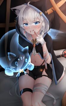 1girl absurdres animal_ears bandaged_leg bandages black_cape black_hair blood blood_on_face blood_on_hands blue_eyes braid breasts cape cropped_shirt fox_ears fox_girl fox_tail ghost gloves halloween_costume highres hololive hood hood_up indoors multicolored_hair navel shirakami_fubuki short_shorts shorts sitting small_breasts st-147 tail thigh_strap vampire virtual_youtuber white_gloves white_hair