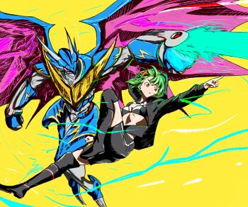 absurdres armor bikini black_bikini black_boots black_jacket black_shorts blue_armor boots digimon digimon_(creature) digimon_world_re:digitize dragon glowing glowing_eyes green_hair highres hood hood_up hooded_jacket jacket multicolored_bikini open_clothes open_jacket pink_wings pointing red_eyes setsu_(knint_) short_hair shorts simple_background swimsuit two-tone_bikini ulforcev-dramon white_bikini wings yellow_background