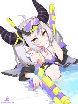 1girl absurdres ahoge artist_name bikini black_horns commentary dot_nose double-parted_bangs english_commentary fingernails flat_chest goggles goggles_on_head grey_hair grin hand_up highres holding holding_water_gun hololive horns jacket jacket_partially_removed la+_darknesss long_hair looking_at_viewer multicolored_bikini multicolored_hair nail_polish navel partially_submerged purple_nails simple_background smile snorkel solo stomach streaked_hair striped_horns super_soaker swimsuit twintails two-tone_bikini virtual_youtuber water_drop water_gun white_background yellow_eyes zambonito