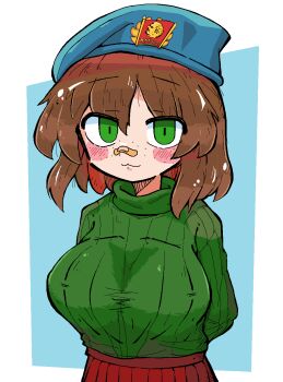 1girl :3 aqua_hat arms_behind_back bandaid bandaid_on_face bandaid_on_nose beret blue_background blush border breasts brown_hair commentary communism freckles green_eyes green_sweater hat hat_pin hatching_(texture) highres jaggy_lines kasia_(peripeteia) large_breasts linear_hatching looking_at_viewer medium_hair outside_border peripeteia pleated_skirt red_flag red_skirt russian_text skirt slit_pupils solo soviet sweater turtleneck turtleneck_sweater two-tone_background upper_body vinni_puh vladimir_lenin white_border