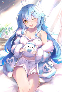 1girl absurdres ahoge aqua_jacket bare_shoulders blue_hair blush breasts camisole cleavage collarbone commentary elf elphe english_commentary feet_out_of_frame fluffy_clothes fur-trimmed_jacket fur-trimmed_sleeves fur_trim hair_between_eyes hair_ornament heart heart_ahoge highres hololive hug hug_from_behind indoors jacket large_breasts long_hair midriff official_alternate_costume official_alternate_hair_length official_alternate_hairstyle one_eye_closed open_mouth pink_nails pointy_ears polka_dot polka_dot_camisole polka_dot_skirt sitting skirt sleepwear solo thighs vase very_long_hair virtual_youtuber white_camisole white_skirt yellow_eyes yukihana_lamy yukihana_lamy_(roomwear) yukimin_(yukihana_lamy)
