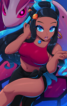 1girl absurdres axlhearts bare_shoulders black_hair blue_eyeliner blue_eyes blue_hair braid breasts earrings eyeliner gen_3_pokemon heart highres hoop_earrings jewelry long_hair looking_at_viewer makeup midriff milotic multicolored_hair navel necklace nessa_(pokemon) nintendo open_mouth pink_eyes pokemon pokemon:_twilight_wings pokemon_sword_and_shield red_tank_top signature sitting skirt tank_top teeth