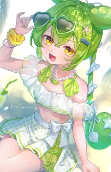 1girl :d animal_ears arm_up bead_necklace beads bikini cocktail_glass commentary_request cowboy_shot crossed_bangs cup day dot_nose double-parted_bangs drinking_glass drinking_straw eyewear_on_head fuyu_(xxfylia) green_hair hair_between_eyes hair_intakes heart heart-shaped_eyewear highres jewelry long_hair looking_at_viewer navel necklace off-shoulder_bikini off_shoulder open_mouth outdoors ponytail signature sitting smile solo sunglasses swimsuit voicevox white_bikini yellow_eyes zundamon