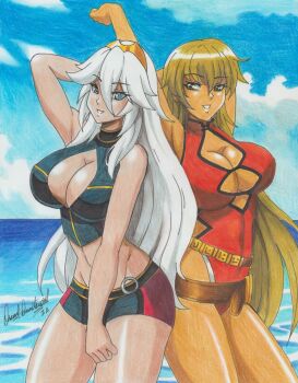 2girls absurdres alternate_hair_color arm_behind_head arm_up blonde_hair breasts cleavage dark-skinned_female dark_skin fire_emblem fire_emblem:_the_binding_blade fire_emblem_awakening fire_emblem_cipher grin highres igrene_(fire_emblem) large_breasts lucina_(fire_emblem) multiple_girls nintendo one-piece_swimsuit ravernclouk_design red_one-piece_swimsuit smile stretching swimsuit thighs traditional_media white_hair yellow_eyes