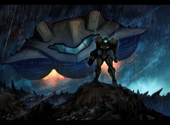 1girl arm_cannon armor assault_visor commentary full_armor glowing glowing_lines green_visor helmet metroid neon_lights nintendo power_armor power_suit_(metroid) rain samus's_gunship samus_aran science_fiction shoulder_pads solo symbol-only_commentary varia_suit wakaba_(wata_ridley) weapon