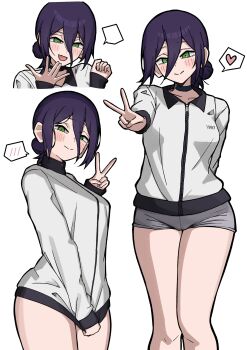 1girl absurdres aguxxxuu black_choker blank_speech_bubble breasts chainsaw_man choker closed_mouth commentary cowboy_shot english_commentary green_eyes grenade_pin grey_shorts hair_between_eyes hair_bun heart highres jacket medium_breasts medium_hair multiple_views open_mouth purple_hair reze_(chainsaw_man) short_shorts shorts smile solo speech_bubble spoken_blush spoken_heart updo upper_body v white_background white_jacket