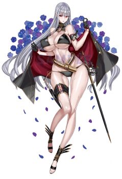 1girl absurdres breasts cleavage full_body gloves highres honjou_raita large_breasts long_hair navel official_art phantasy_star red_eyes sega selvaria_bles senjou_no_valkyria_(series) solo swimsuit sword underboob weapon white_hair