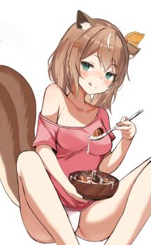 1girl alternate_costume animal_ears ayunda_risu blush bowl breasts brown_hair green_hair hair_ornament highres hololive hololive_indonesia liquid medium_breasts no_nut_november nut_(food) orobou panties simple_background smile spoon squirrel_ears suggestive_fluid tail thighs underwear virtual_youtuber white_background