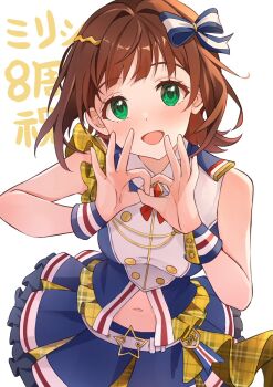 1girl :d amami_haruka anniversary b1ack_illust belt blue_skirt blush bow brown_hair commentary_request create_festival_(idolmaster) double_ok_sign green_eyes hair_bow hair_ornament hairclip happy_anniversary highres idol_clothes idolmaster idolmaster_(classic) idolmaster_million_live! idolmaster_million_live!_theater_days looking_at_viewer midriff_peek navel ok_sign open_mouth shirt short_hair skirt sleeveless sleeveless_shirt smile solo text_background white_background wrist_cuffs