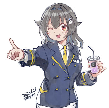 1girl artist_name black_hair blue_jacket buttons collared_shirt commentary_request dated double-breasted dress_shirt drink employee_uniform hair_down jacket jingei_(kancolle) kantai_collection kirisawa_juuzou necktie one_eye_closed pointing red_eyes shirt smile solo upper_body wavy_hair white_shirt yellow_necktie