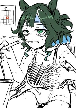 Rule 34 | absurdres, animal ears, blush, breasts, gloves, green eyes, green hair, hat, highres, horse ears, horse girl, horse tail, kiseki (miracle author) (umamusume), kiseki (umamusume), large breasts, medium hair, open mouth, pen, shorts, simple background, tagme, tail, thighs, tikusen1216, umamusume, white background