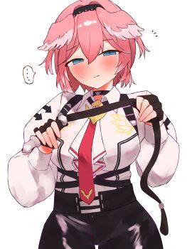 1girl absurdres black_choker black_gloves blue_eyes choker closed_mouth collared_shirt fingerless_gloves gloves head_wings highres holding holding_whip hololive looking_at_viewer necktie pink_hair red_necktie shirt short_hair solo takane_lui takane_lui_(1st_costume) tepenchi virtual_youtuber whip white_background white_shirt wings