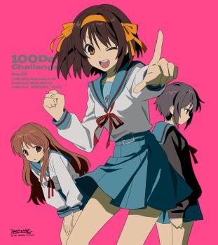 Rule 34 | 3girls, ;d, asahina mikuru, betti (xx betti), blue sailor collar, blue skirt, brown cardigan, brown eyes, brown hair, cardigan, hair ribbon, hairband, highres, kita high school uniform, long hair, long sleeves, looking at viewer, multiple girls, nagato yuki, one eye closed, open mouth, pink background, pleated skirt, purple hair, red ribbon, ribbon, sailor collar, school uniform, serafuku, shirt, short hair, simple background, skirt, smile, standing, suzumiya haruhi, suzumiya haruhi no yuuutsu, teeth, thighs, tongue, upper teeth only, white shirt, winter uniform, yellow hairband, yellow ribbon