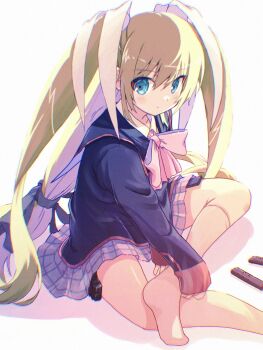 1girl akayama_yukihe aqua_eyes between_legs black_jacket blonde_hair blush bow closed_mouth commentary_request eyes_visible_through_hair feet_out_of_frame film_grain foot_out_of_frame frown grey_skirt hair_between_eyes hair_ribbon hand_between_legs highres indian_style jacket little_busters! little_busters!_school_uniform long_hair long_sleeves looking_at_viewer miniskirt no_shoes pink_bow pleated_skirt revision ribbon school_uniform shiny_skin sidelighting simple_background sitting skirt socks solo straight_hair tokido_saya v-shaped_eyebrows very_long_hair white_background white_ribbon white_socks