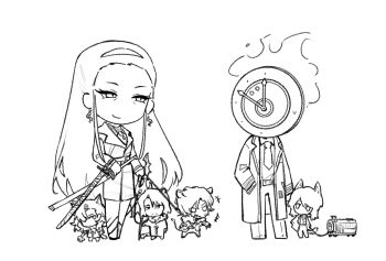 1boy 1other 4girls clock closed_mouth coat collared_shirt commentary_request dante_(limbus_company) earrings faust_(project_moon) fire hairband highres iori_(project_moon) ivy_(675671) jewelry katana lapels library_of_ruina limbus_company lion_(project_moon) long_sleeves mature_female mephistopheles_(project_moon) multiple_girls narrowed_eyes necktie notched_lapels object_head panther_(project_moon) pants project_moon shirt smile sweat sword weapon wolf_(project_moon)