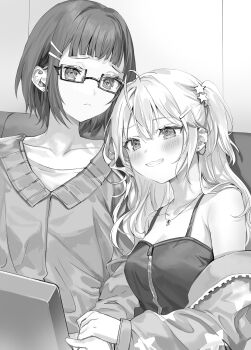 2girls absurdres ahoge armpit_crease bare_shoulders blunt_bangs blush breasts cleavage closed_mouth collarbone commentary_request couch ear_piercing earrings frown furrowed_brow glasses greyscale grin hair_ornament hairclip highres holding_hands jacket jacket_partially_removed jewelry long_hair looking_at_viewer medium_breasts medium_hair miyamae_nonoa momoko_(momopoco) monochrome multiple_girls necklace novel_illustration off_shoulder official_art on_couch open_clothes open_jacket piercing second-party_source semi-rimless_eyewear sidelocks sitting smile star_(symbol) star_hair_ornament taniyama_sayaka tokidoki_bosotto_roshia-go_de_dereru_tonari_no_alya-san