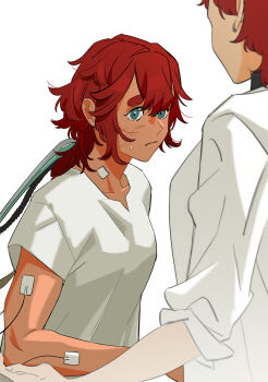 2girls absurdres blue_eyes closed_mouth coat commentary_request gundam gundam_suisei_no_majo highres hospital_gown korean_commentary lab_coat long_hair mother_and_daughter multiple_girls prospera_mercury red_hair scar scar_on_face simple_background snapagi suletta_mercury sweat thick_eyebrows white_background white_coat