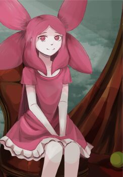 1girl armchair ball chair curtains dress garry&#039;s_mod inno_(gmod) j3str4ss looking_at_viewer p&#039;nk_black pink_dress pink_eyes pink_hair sitting smile tagme voidplaces