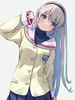 Rule 34 | 1girl, :o, akayama yukihe, blush, buttons, clannad, fingernails, hairband, head tilt, highres, long hair, long sleeves, looking at viewer, neckerchief, pleated skirt, purple eyes, sakagami tomoyo, school uniform, serafuku, simple background, skirt, solo, turtleneck, very long hair, white hair