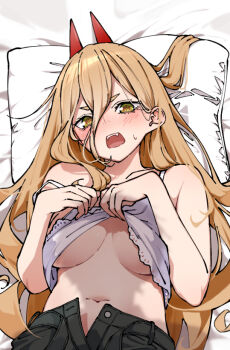 1girl blonde_hair blush breasts camisole chainsaw_man clothes_lift demon_girl demon_horns eru_(l_illust45) horns large_breasts lying navel on_back open_fly open_mouth pillow power_(chainsaw_man) red_horns shirt_lift solo sweatdrop white_camisole yellow_eyes