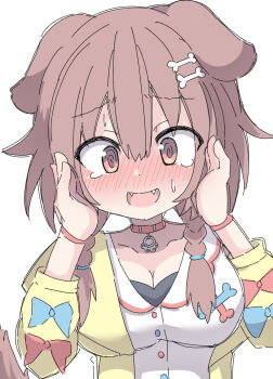 1girl @_@ absurdres animal_ears blush bone_hair_ornament braid breasts brown_hair cardigan cartoon_bone cleavage commentary dog_ears dog_girl dog_tail dress fangs hair_ornament hands_on_own_cheeks hands_on_own_face highres hololive inugami_korone inugami_korone_(1st_costume) large_breasts long_sleeves nose_blush open_mouth red_eyes solo tail twin_braids umberblack virtual_youtuber white_dress yellow_cardigan