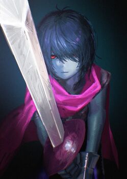 1other antenna_hair armor armored_gloves blue_background blue_hair blue_skin cape chromatic_aberration closed_mouth colored_skin deltarune film_grain foreshortening gloves grey_gloves hair_over_one_eye highres holding holding_sword holding_weapon kris_(dark_world)_(deltarune) kris_(deltarune) looking_at_viewer n6er2 other_focus pink_cape red_eyes short_hair shoulder_armor simple_background solo swept_bangs sword two-handed upper_body utdr_(toby_fox) vignetting weapon