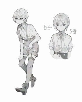 Rule 34 | 1boy, 1girl, blush, boots, bow, character request, chibi, chibi inset, closed mouth, collared shirt, commentary request, dress shirt, flying sweatdrops, hair between eyes, hair bow, high-waist shorts, highres, ikeuchi tanuma, original, shirt, shoe soles, shorts, simple background, suspender shorts, suspenders, thighhighs, thighhighs under boots, translation request, v-shaped eyebrows, white background