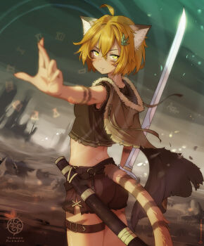 >:( 1girl absurdres amayon animal_ears belt blonde_hair blurry breasts brown_shorts cape cat_ears cat_girl cat_tail crop_top dao depth_of_field facial_mark from_side fur-trimmed_hood fur_trim glint green_tank_top hair_ornament highres hood hood_down hooded_cape magic_circle magic_circle_floating_ahead_hand original outstretched_arm reverse_grip roman_numeral scabbard serious sheath short_hair short_shorts shorts small_breasts sword tail tank_top thigh_belt thigh_strap torn_cape torn_clothes torn_shorts torn_tank_top unsheathed v-shaped_eyebrows wasteland weapon whisker_markings yellow_eyes